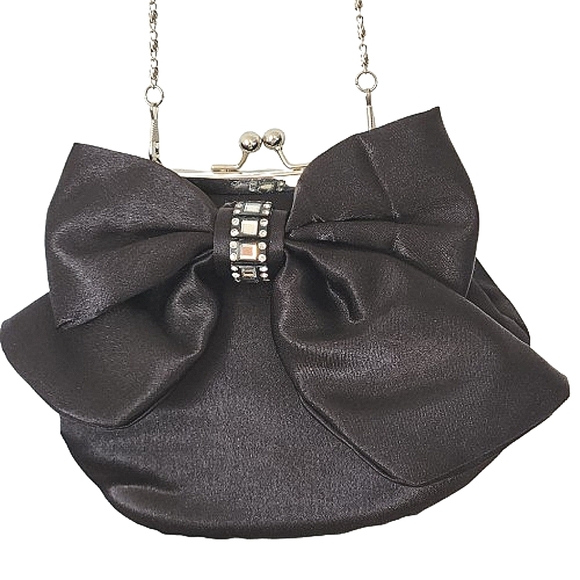 Handbags - Black Satin Rhinestone Bow Evening Bag